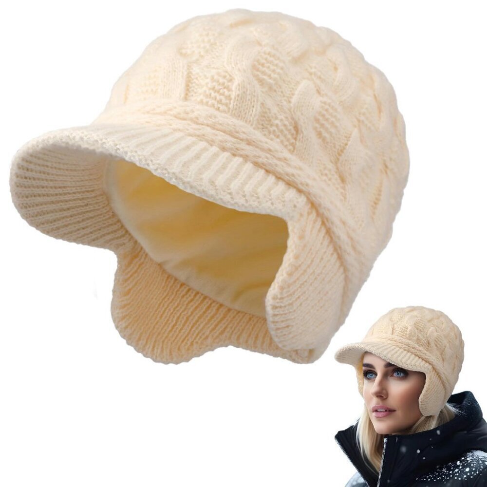 Winter Beanie with Brim & Earflap Thermal Knitted Hat Unisex Warm